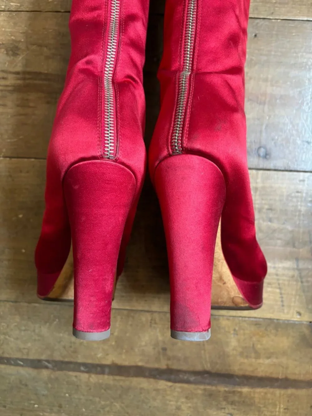 Chanel Red Satin Thigh-High  Boots Size 39 Comfortable Fit